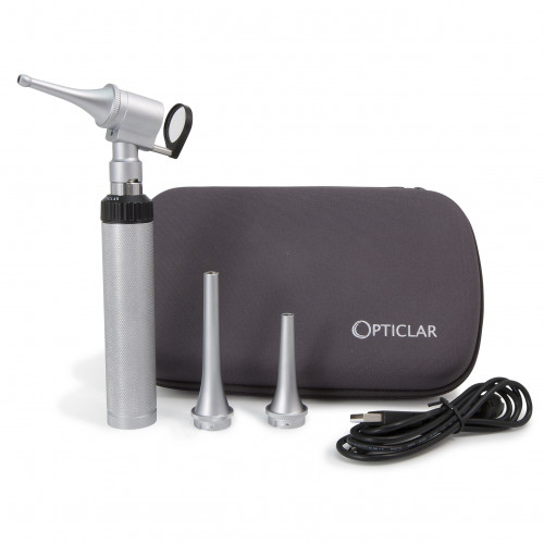 Opticlar Otoscope Set with Slit Veterinary Head / Metal Tip Set / Handle / Lithium Battery / USB Charger and Zip Case*1