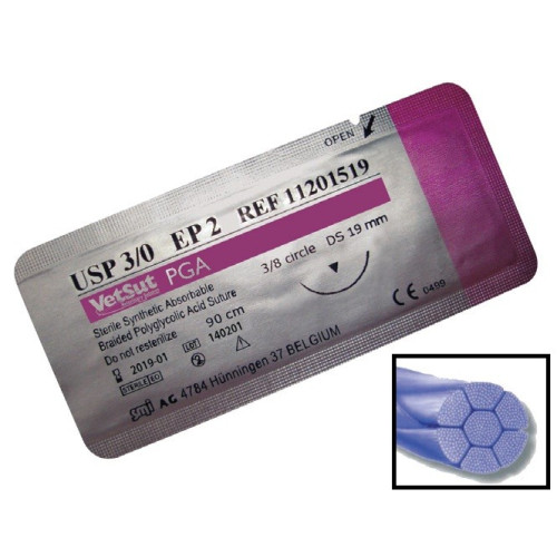 VetSut Packets - PGA 2/0 (M3) Needle 3/8 Cir rev Cut 24mm 75cm