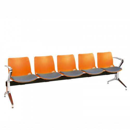 Neptune visitor seat bench modules with moulded seats and Anti-bacterial vinyl seat pads with chrome arms and legs. Available in 7 modern and vibrant colours. 5 Seat Orange/Grey