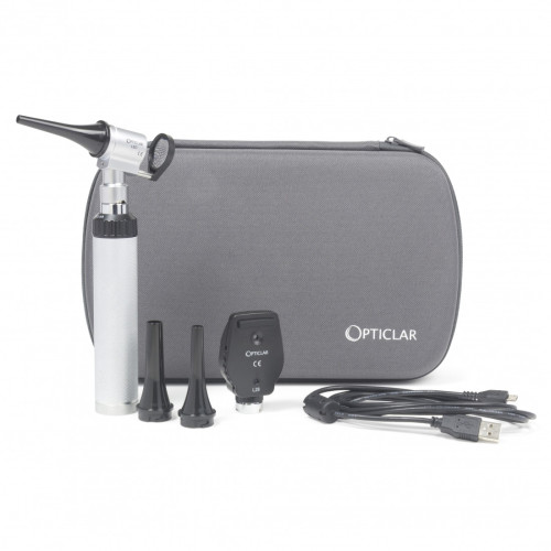 Opticlar Otoscope Set with Slit Veterinary Head / Plastic Tip Set / Handle / Lithium Battery / USB Charger and Zip Case