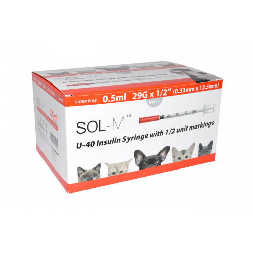 SOL-VET 0.5ml U-40 Insulin Syringe w/Fixed Needle 29G