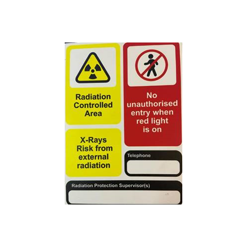 X-Ray sign - Radiation Controlled Area - No unauthorised entry when red light is on